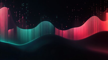 Abstract digital landscape featuring flowing waves of teal and red vertical light streaks with scattered glowing particles against a dark background