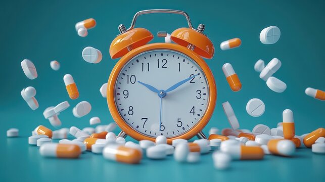 Orange retro alarm clock surrounded by and falling with white and orange capsules and round tablets on blue background, symbolizing medication timing or reminders