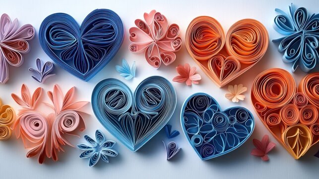 Colorful paper art featuring intricately rolled hearts and floral shapes in shades of blue, orange, pink, and purple arranged on a white background conveying creativity and delicacy - Powered by Adobe