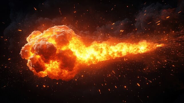 Massive fiery explosion with glowing orange and yellow flames, dense smoke, and flying sparks against a dark background, conveying intense energy and destruction