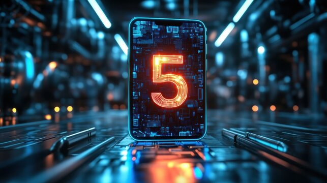 Futuristic digital display of glowing number five on a smartphone standing on a high-tech circuit board with blue and orange lighting in a data center environment