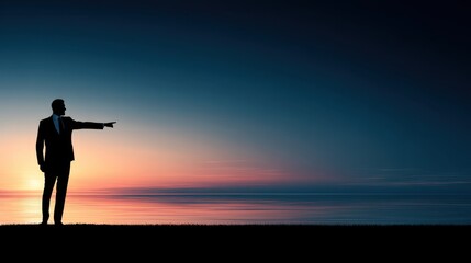 Businessman in Suit Pointing at Sunset Over Calm Water, Symbolizing Opportunity, Leadership, and Direction for Professional Growth and Success