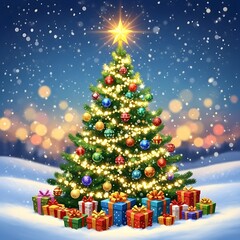 Decorated Outdoor Christmas Tree Surrounded by Gifts in Snow