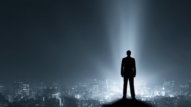 Powerful Businessman Standing on Hilltop Overlooking City Lights at Night, Symbolizing Ambition and Success in a Global Economy