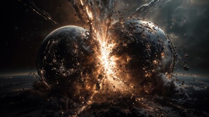 Dramatic Space Collision: Fiery Planet Explosion Amid Dark Cosmic Skies