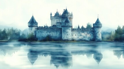 majestic stone castle with multiple towers reflected in calm water surrounded by misty forest and distant mountains under soft light
