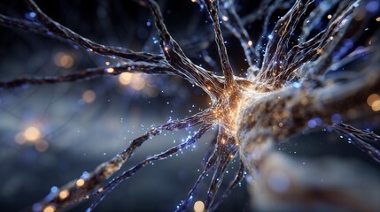 Abstract Neural Network Neuron With Glowing Synapses in Deep Blue Light