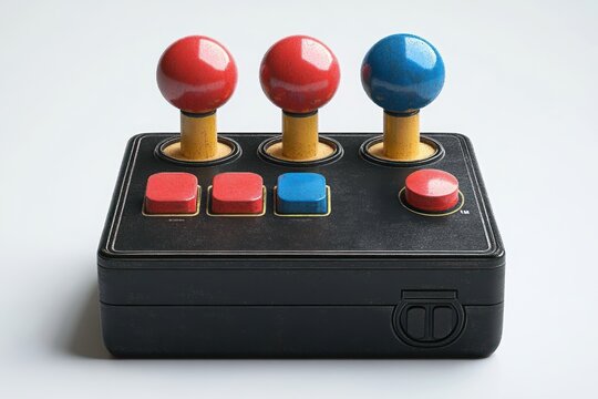 Retro black gaming joystick console with three colorful ball-top controllers and multiple square buttons on a white background