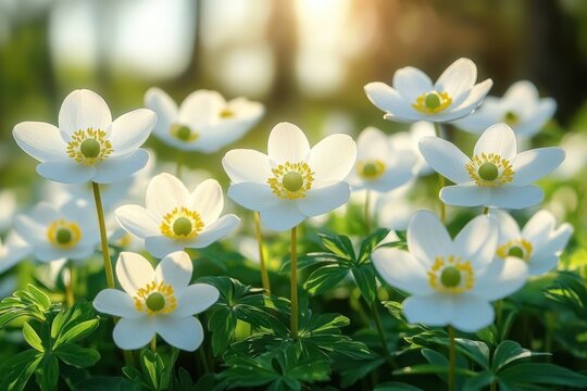 Close-up of delicate white flowers with yellow centers blooming in green foliage under soft golden sunlight - Powered by Adobe