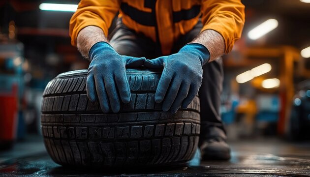 Mechanic wearing blue gloves holding a large tire in an automotive workshop with a focused and diligent atmosphere
