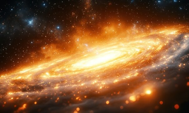 Glowing spiral galaxy with bright core and sparkling stars in deep space with vibrant orange and white hues
