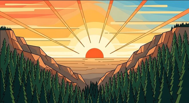 Vibrant Sunset Over Ocean Between Forested Cliffs - Stylized Landscape Illustration.