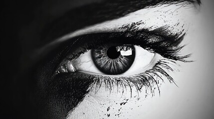 Close-up black and white photo of an eye with detailed iris, long eyelashes, and smudged dark makeup around it, conveying intensity and focus
