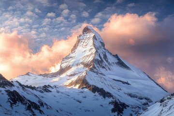 Snow-covered jagged mountain peak glowing under dramatic pink and blue sky during sunset