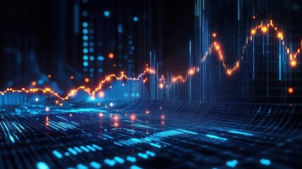 Abstract digital data visualization with glowing blue and orange financial graph lines on a dark background representing market trends and data analysis