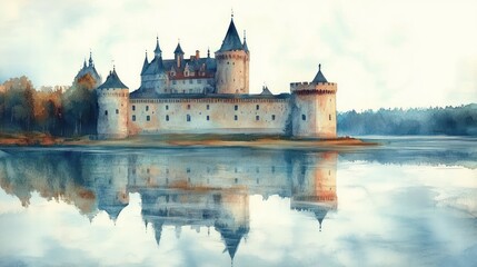 Large historic stone castle with multiple towers reflected on a calm lake under a misty sky surrounded by trees