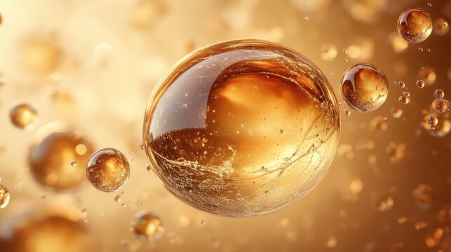 Close-up view of multiple translucent golden bubbles suspended in a warm glowing light environment creating a sense of fluidity and elegance