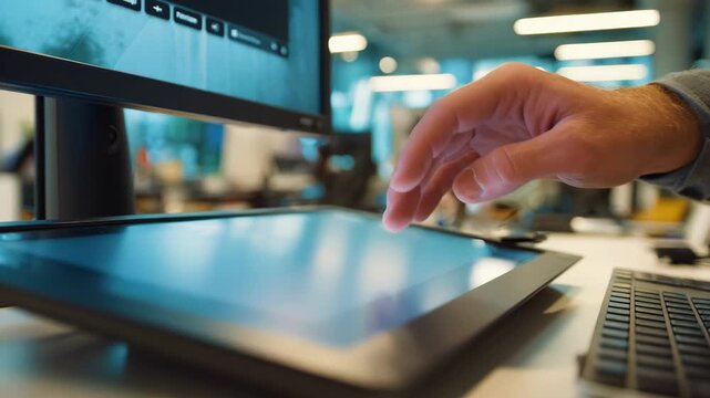 Technician adjusts settings on a desktop touchscreen to fix unresponsive areas and improve sensitivity for smooth user interaction.