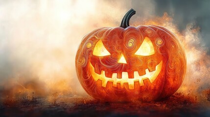 Glowing carved pumpkin with intricate swirling patterns featuring a smiling face amidst smoky atmospheric background creating a spooky and mysterious mood
