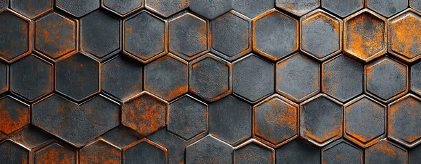 Close-up of textured hexagonal metal plates with rust and weathered patina creating an industrial and rugged surface pattern
