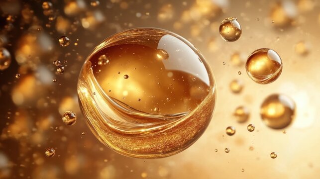 Close-up view of multiple golden translucent bubbles floating in a warm glowing liquid environment