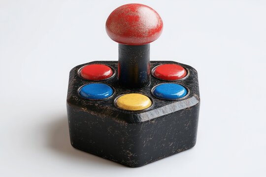 Worn vintage black joystick with a red top and colored buttons on a white background