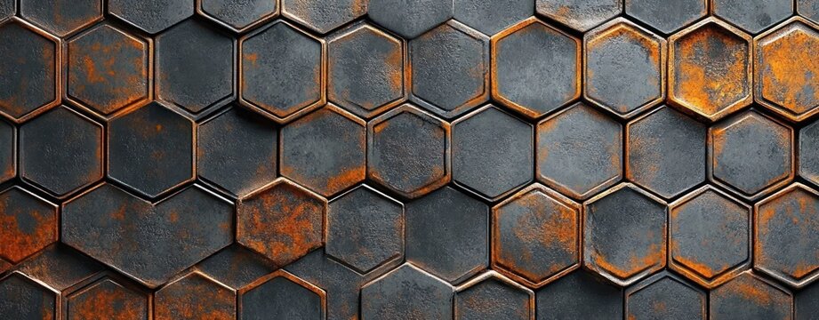 Close-up of textured hexagonal metal plates with rust and weathered patina creating an industrial and rugged surface pattern