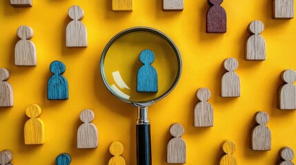 Magnifying glass focusing on a blue wooden figure among multiple wooden figures in yellow, natural, and red colors on yellow background symbolizing selection and uniqueness