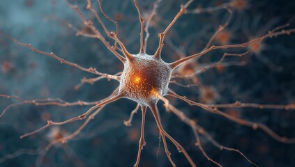 Close-Up Neuron Cell With Glowing Nucleus, Neural Network Visualization for Scientific Research Imaging
