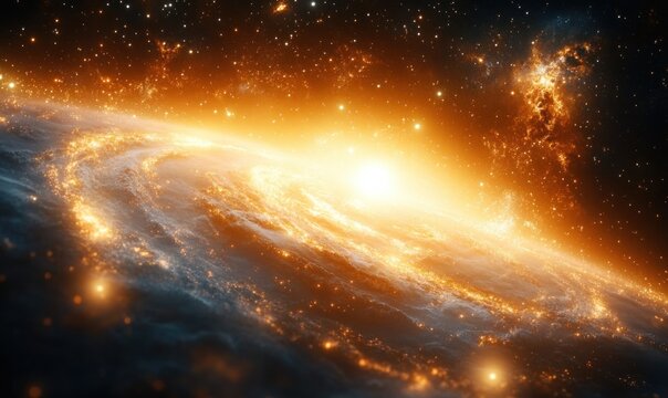 Bright glowing spiral galaxy with central luminous core surrounded by stars and cosmic dust in outer space