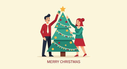 Fototapeta premium Happy couple decorating a christmas tree together with ornaments and star on top for holiday celebration