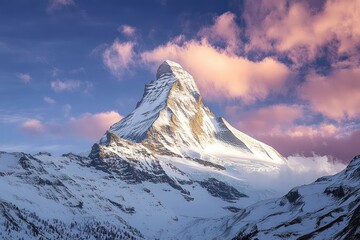Snow-covered mountain peak bathed in warm sunlight with pink and purple clouds in a clear blue sky