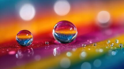 Close-up of water droplets on a vibrant multicolored surface reflecting and refracting light with soft bokeh background, creating a magical and serene effect