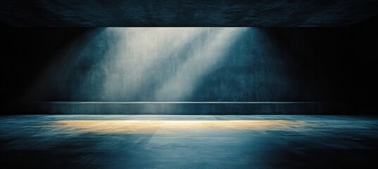 Empty dark room with concrete walls and floor illuminated by natural light beams creating dramatic shadows