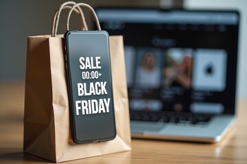 A smartphone and laptop display Black Friday Sale  symbolizing online shopping during the holiday sales season, with a paper bag in foreground suggesting recent purchases or e-commerce excitement.