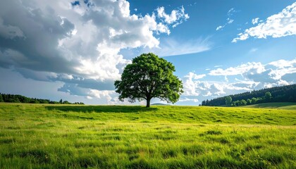 Vibrant green grassy meadow with a solitary large tree under a dynamic blue sky with scattered white clouds and sunlit landscape in background