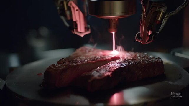 Medium shot of laserguided robotic arms precisely slicing meat in a hightech processing plant highlighting accuracy and speed in automation.