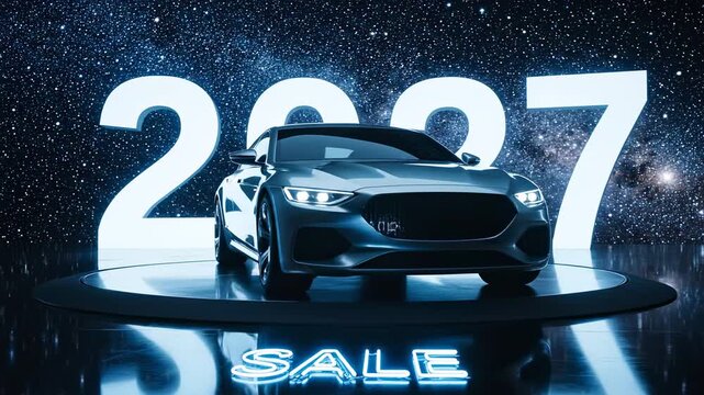 Futuristic Car Displayed with 2027 Sale Announcement.