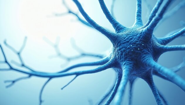 Abstract 3D illustration shows detailed blue neuron cell. Nerve cell body, branching dendrites reveal complex microscopic structure. Represents human brain activity, nervous system, intelligence, AI,