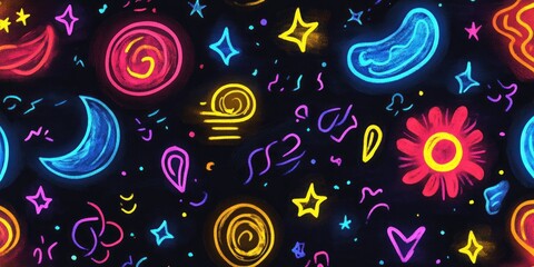 Colorful neon-style doodles of stars, moons, abstract shapes, flowers, and squiggles on a black background creating a vibrant, playful and energetic pattern
