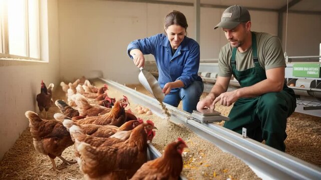 Medium shot showing farmers adjusting layer hen diets with enriched nutrients to enhance eggshell resilience naturally.