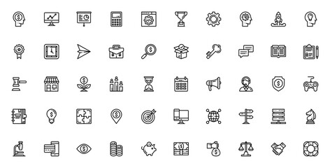 Startups icon set. Business vector icons pack. Inclues symbols for growth, strtegy, management, finance,presentation, trophy, shied and more. Editable strok.