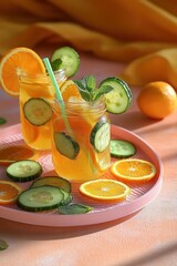 Fototapeta premium Refreshing citrus and cucumber infused drink served in glass jars with green straws and fresh mint on a peach-colored tray with scattered orange and cucumber slices