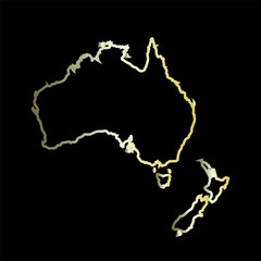 Stylized Metallic Outline Map of Australia and New Zealand on Black Background. Oceania Symbol Design. Ideal for educational materials, travel content, infographic assets, or cultural branding.