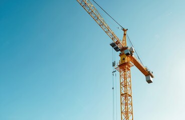 Large yellow construction crane operates on building site against clear blue sky. Tower crane lifts building materials for new urban development project. Heavy machinery works.