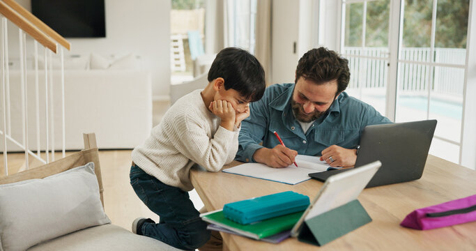 Homeschool, parent or child in house with tech, teaching or support for academic development. Education, digital or family together at table with writing, homework or guidance in remote learning. - Powered by Adobe