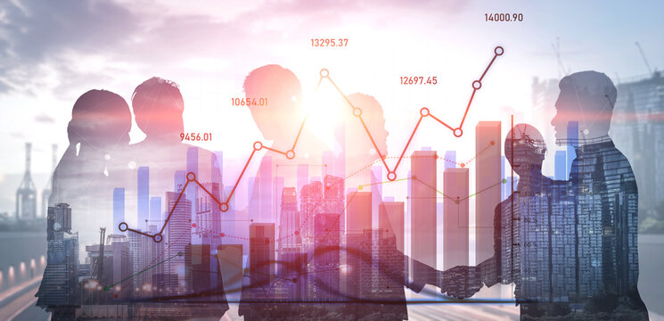 Silhouetted figures discussing business strategies in front of a vibrant cityscape, illustrating growth and financial data overlay, representing urban collaboration and success. Scalp - Powered by Adobe