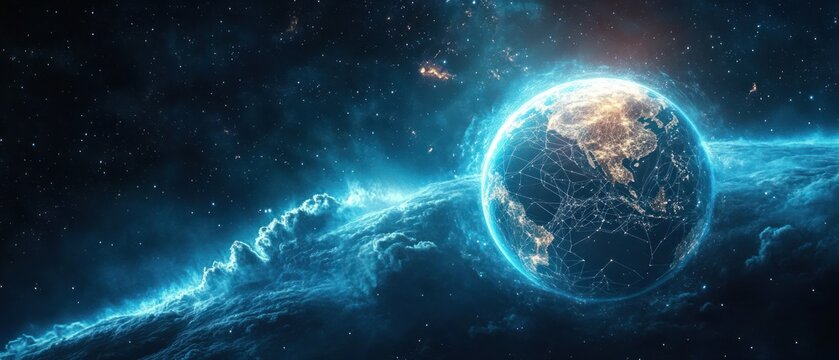 Glowing digital Earth from space with network connections illuminated over continents surrounded by blue cosmic clouds and starry background