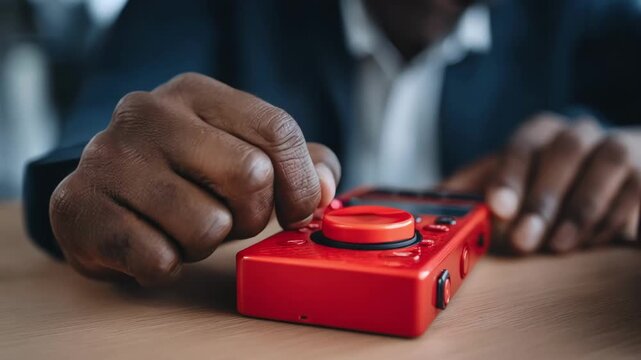 Closeup of hands activating a panic button on a mobile device emphasizing discreet alert triggering in a public environment.