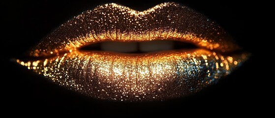 Close-up of lips covered in shimmering golden glitter with a soft glow, highlighting texture and sparkle against a black background